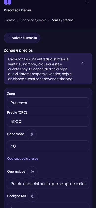 Pantalla «Zonas y precios» de un evento, con la zona Preventa: su precio, su capacidad y lo que incluye.