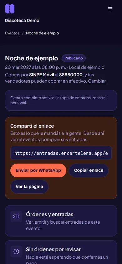 Página de un evento publicado, con el recuadro «Compartí el enlace» y los botones para enviarlo por WhatsApp, copiarlo o ver la página.