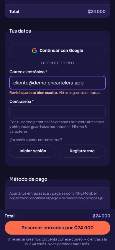 El formulario de compra del evento: dos entradas elegidas, el campo del correo electrónico y el botón «Reservar entradas».
