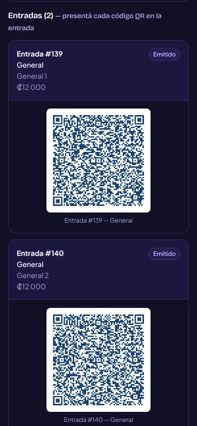 La página de la compra con dos entradas emitidas, cada una con su propio código QR.